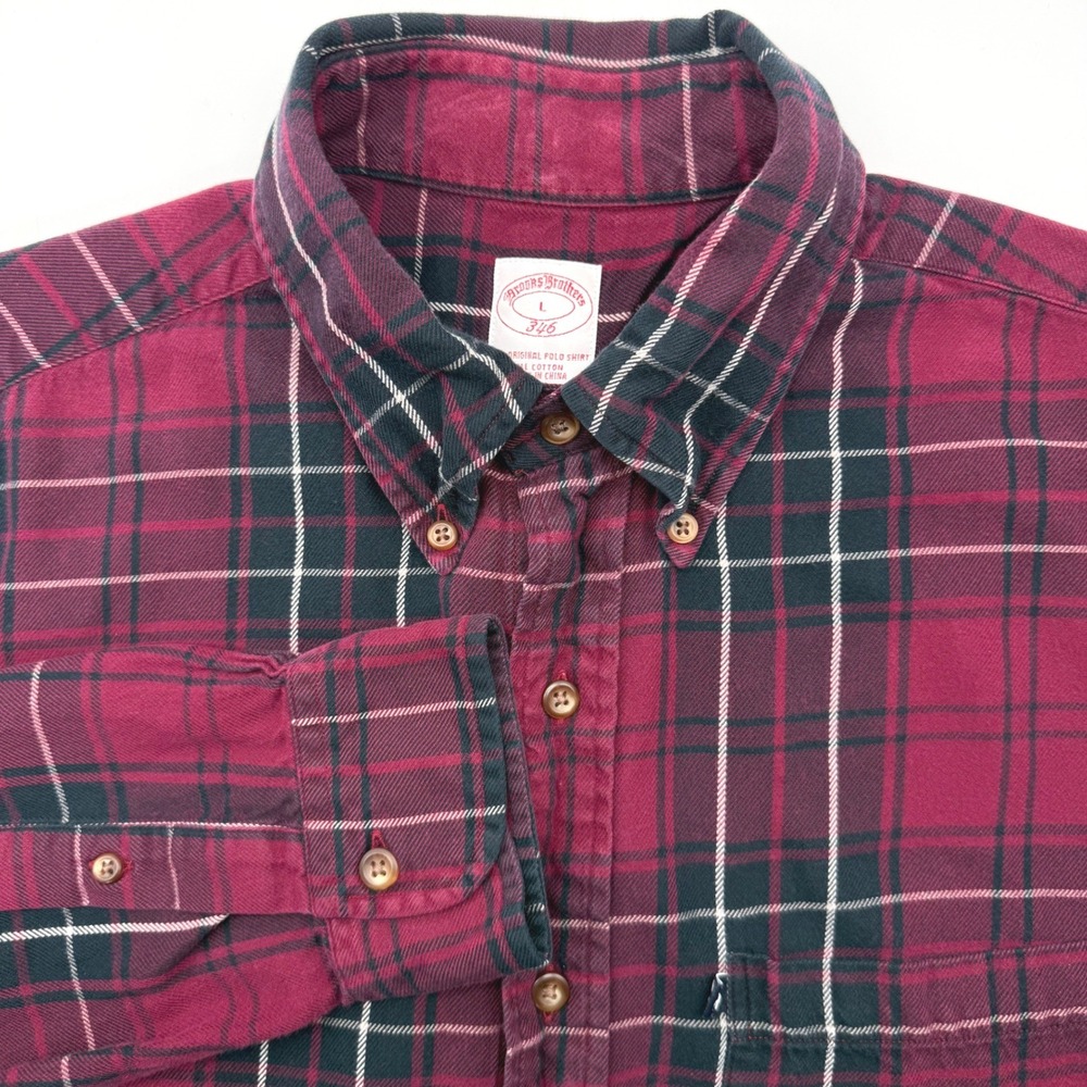 Brooks Brothers Button Down Mens L Burgundy Plaid 346 Cotton Flannel Shirt